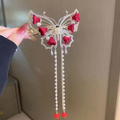 HA 40 Butterfly Rhinestone Pearl Metal Hair Clip with Dangling drop( 1 pc )