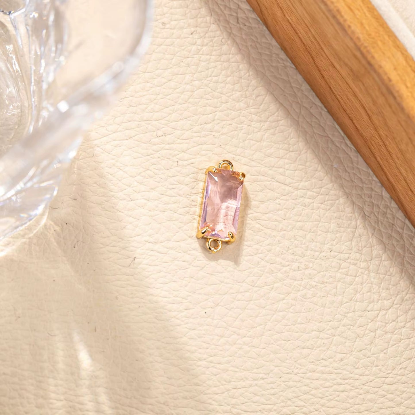 BBB 279 (c) Light Pink Rectangle Connector 14k gold plated Zircon crystal charm ( 1 pc ) Anti tarnish ( 21:8.5 mm )