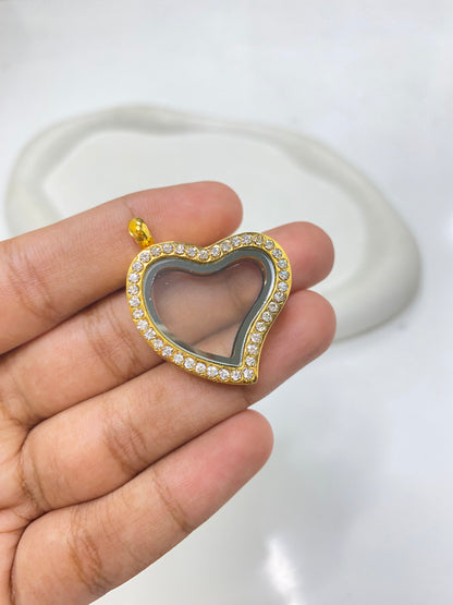 GPC 05 (L) Zircon Heart gold Floating Glass Locket gold plated alloy ( 1 pc ) - anti tarnish