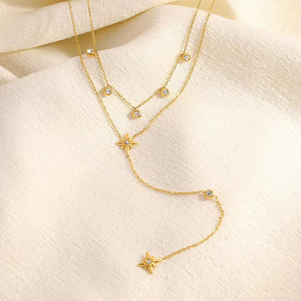 SJ 1123 Double layer zircon drop necklace  - 18k Gold PVD plated stainless steel - Anti tarnish