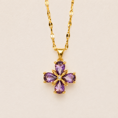 NSJ38E Purple Stone flower Necklace Stainless steel chain and zircon Copper gold plated pendant