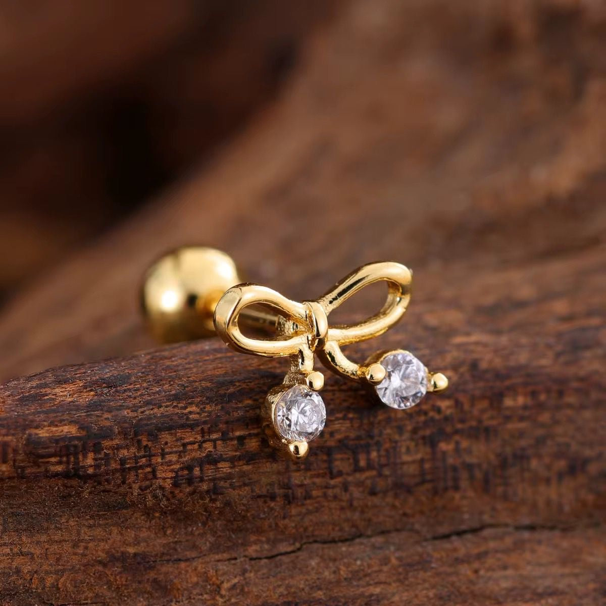 SJ 927 Bow Zircon kids / 2nd Piercing Stud ( 1pc ) - 18k Gold PVD plated stainless steel - Anti tarnish