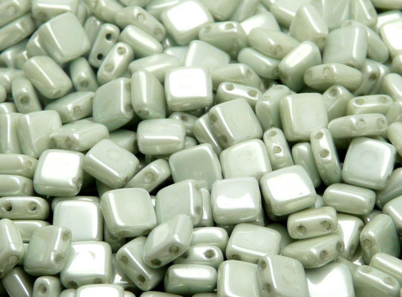 BBB 108 (C)  Two Hole Pressed Czech Mate Glass Tile Beads Opaque Light Green ceramic Look - per piece