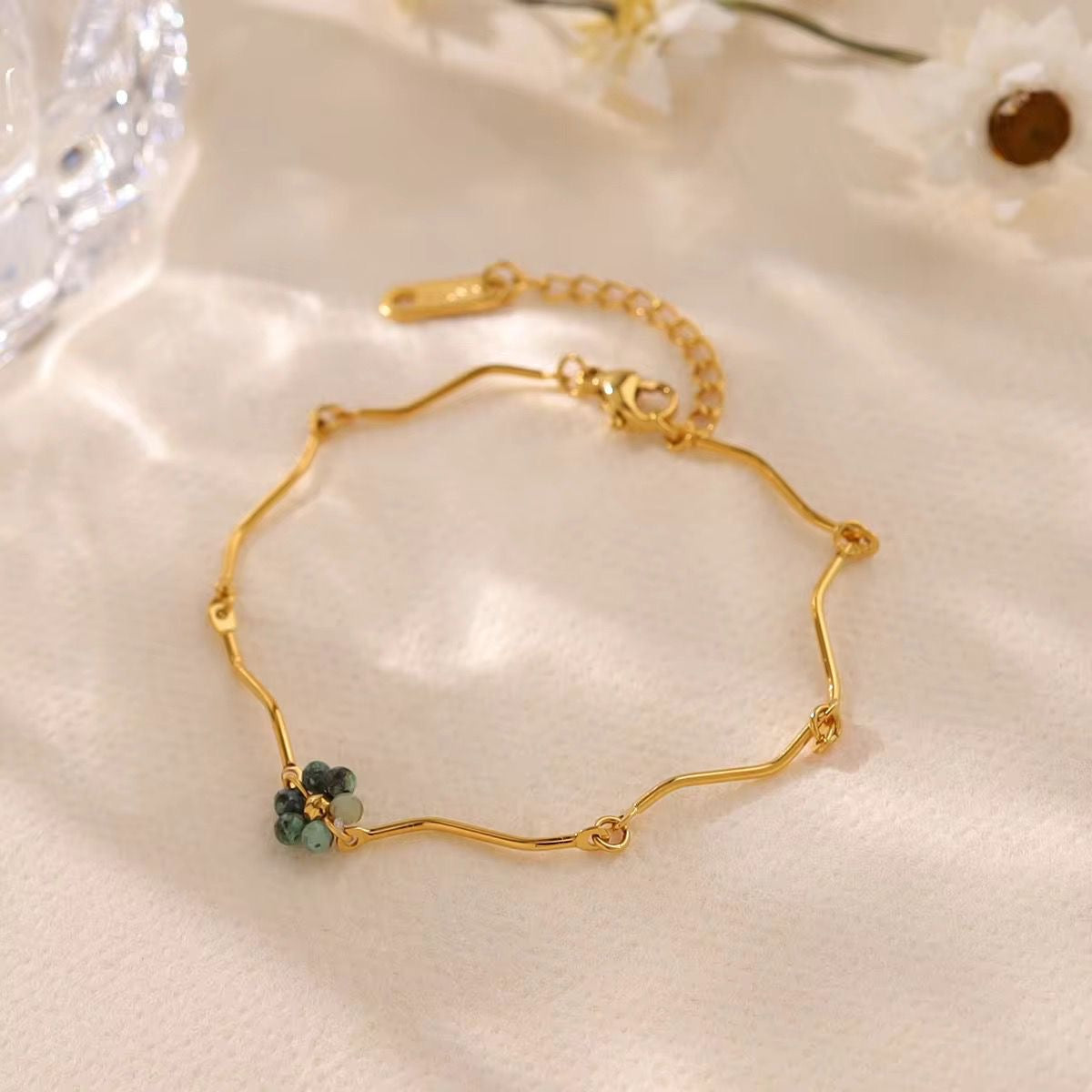 BSJ12B Green Floral Bracelet - 18k gold PVD plated 316 stainless steel - Anti tarnish