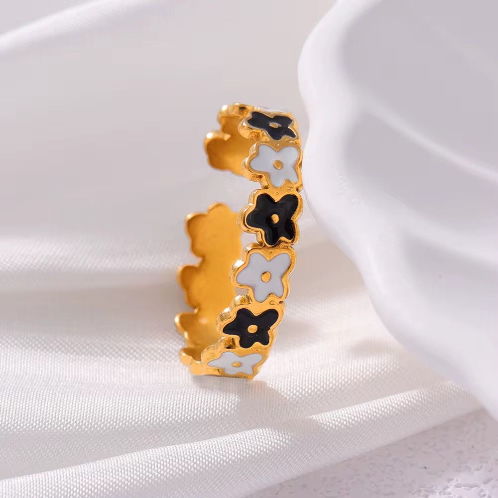 SJ 786 Black and White floral Enamel Ring Adjustable - 18k Gold PVD plated stainless steel - Anti tarnish