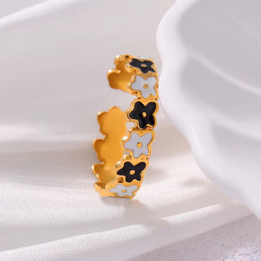 SJ 786 Black and White floral Enamel Ring Adjustable - 18k Gold PVD plated stainless steel - Anti tarnish