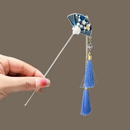 HA 07 Chinese Fan Hair Stick with Dangling Tassel Drop - Retro korean Style ( 1 pc )
