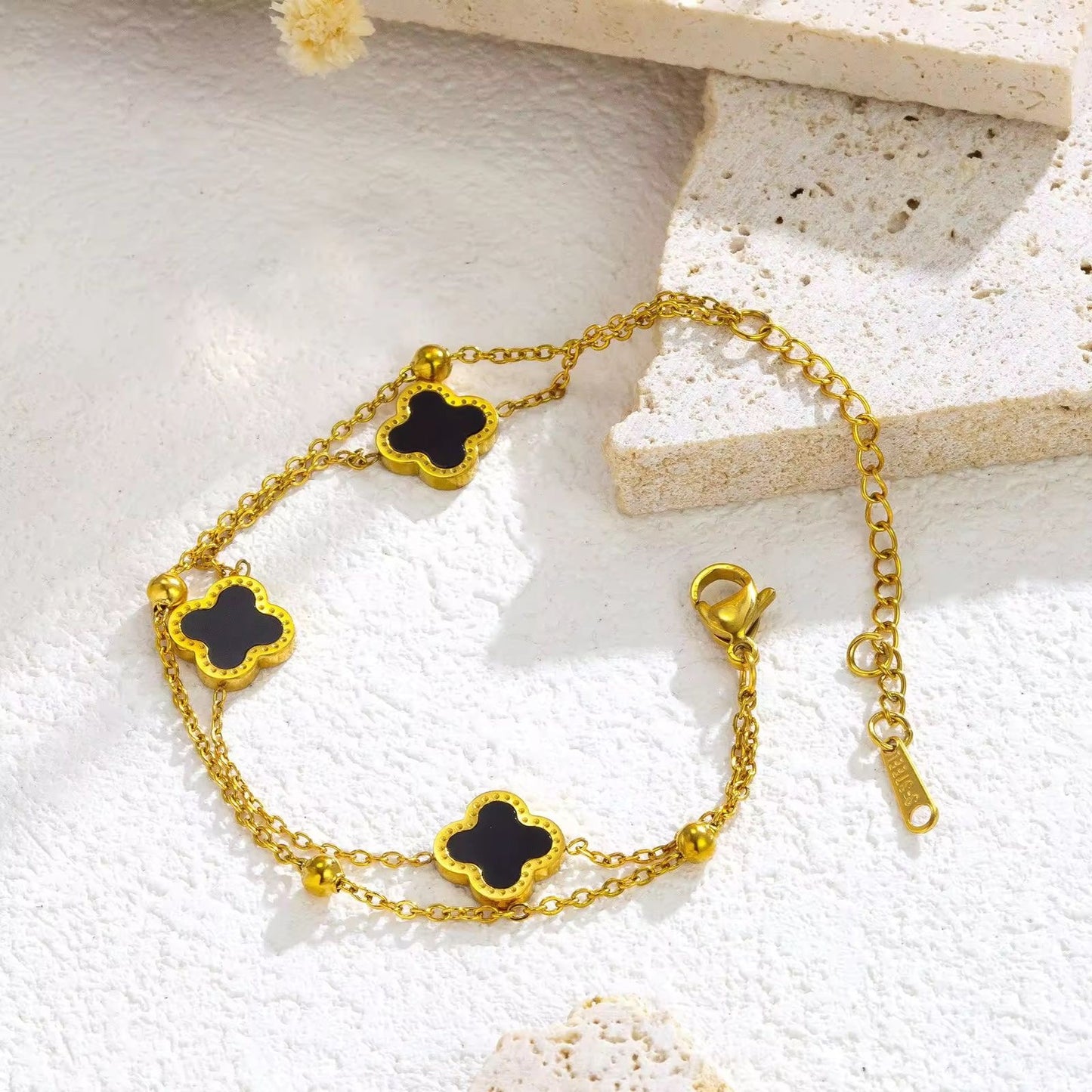 SJ 646 Four Clover double layer dainty bracelet - 18k Gold PVD plated stainless steel - Anti tarnish