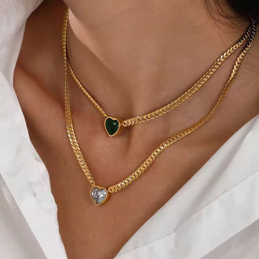 SJ 518 Emerald heart zircon snake chain Necklace  - 18k Gold PVD plated stainless steel - Anti tarnish
