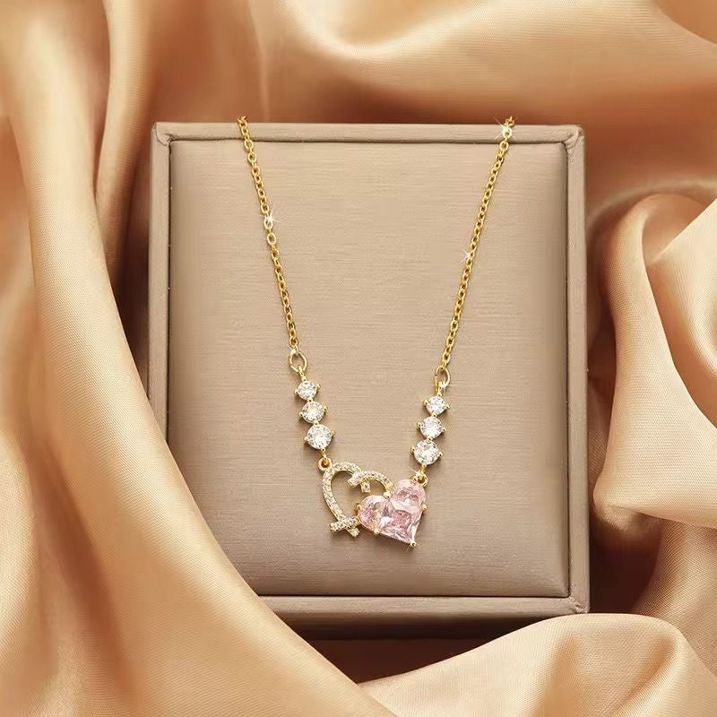 NSJ36D Pink Heart Zircon Necklace 18k Gold pvd plated
