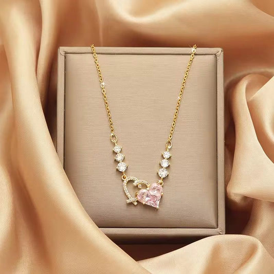 NSJ39F Pink Heart Zircon Necklace 18k Gold pvd plated
