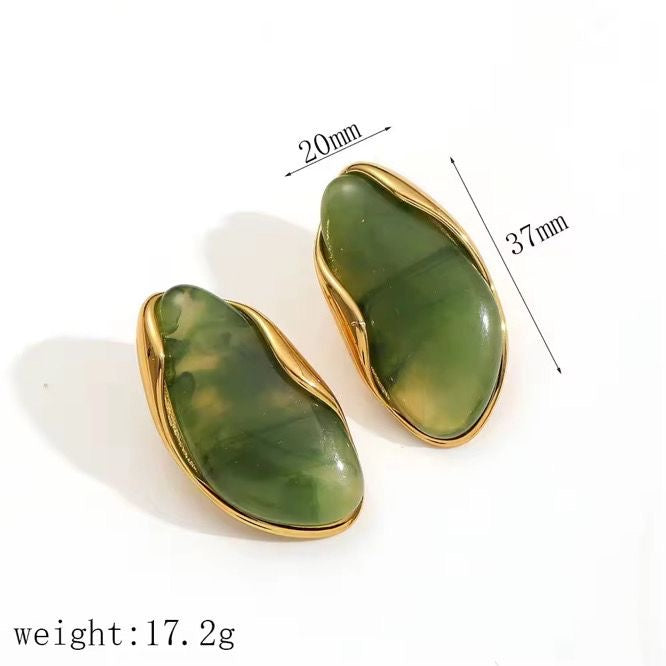 ESJ04F Teardrop green earring -  18k Gold PVD plated 316 stainless steel - Anti tarnish