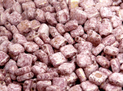 BBB 108 (D) Two Hole Pressed Czech Mate Glass Tile Beads Opaque Chalk White Violet Marble Terracotta Luster - (1PC)