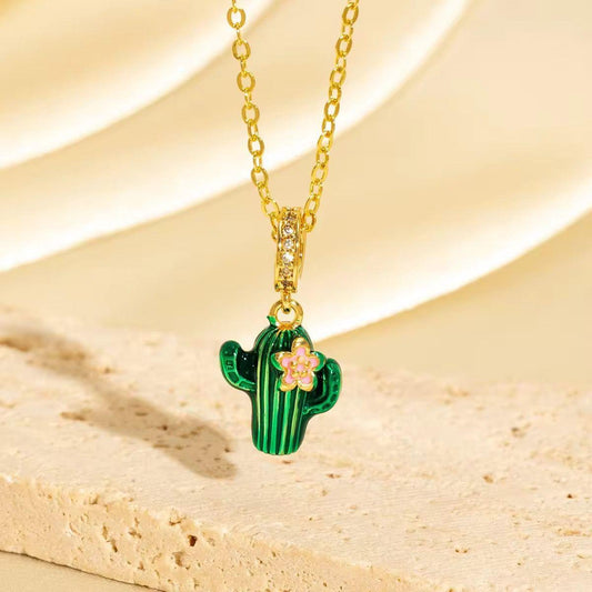 NSJ31C Inlaid zircon Cactus Necklace - 18k Gold PVD plated