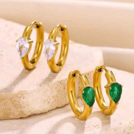 SJ 514 Teardrop Emerald zircon huggie Earring - 18k Gold PVD plated stainless steel - Anti tarnish