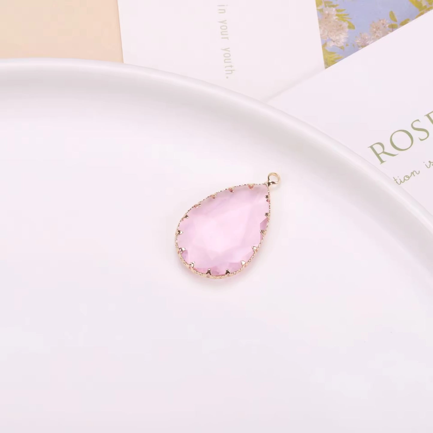 BBB 377 (c) Light Pink Teardrop Charm 14k gold plated Zircon crystal  ( 1 pc ) Anti tarnish ( 20*30 mm )