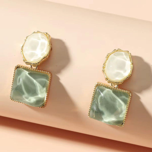 SJ 1011 Green Drop Marble Square Diamond Stud Earring  - Anti tarnish