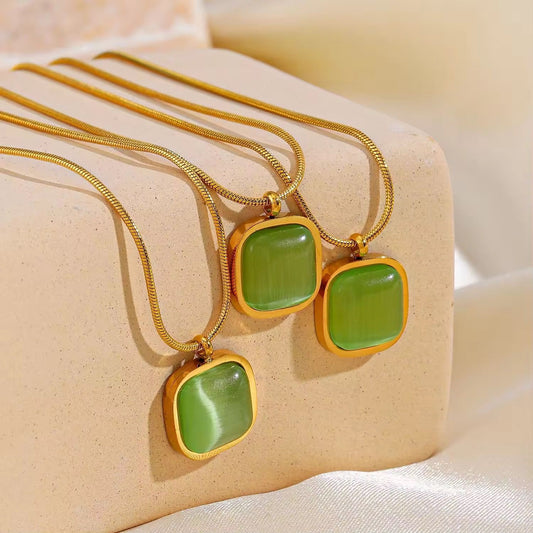 SJ 767 Green Cabochon Square Necklace - 18k Gold PVD plated stainless steel - Anti tarnish