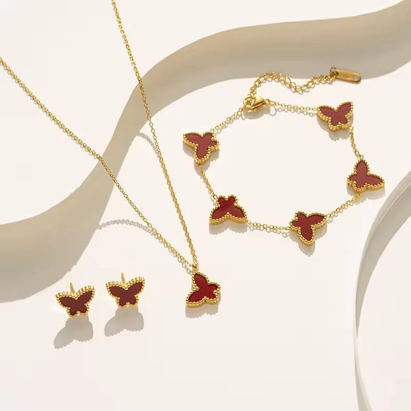 SJ 526 Red Butterfly jewelry set ( chain, bracelet and earring )- 18k Gold PVD plated stainless steel - Anti tarnis
