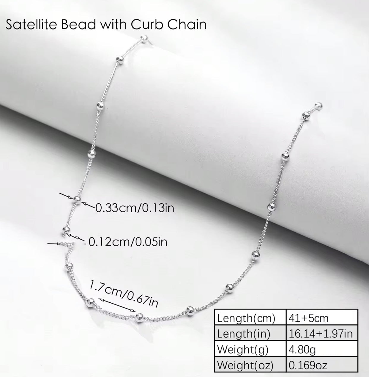 RC 79 Satellite Bead Curb Chain Ready made chain Silver PVD plated 316 Stainless steel ( 1 pc ) Anti tarnish-with extension