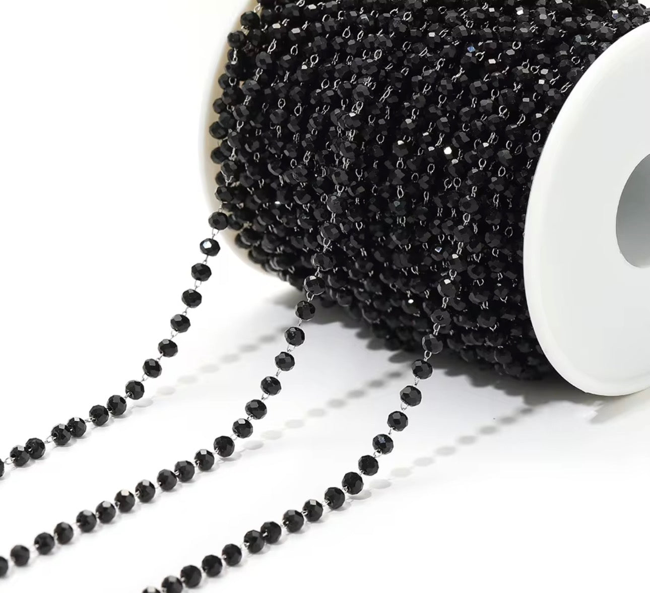 CN 236 Black Glass faceted beaded crystal silver PVD plated Stainless steel chain ( 1 feet ) Anti tarnish