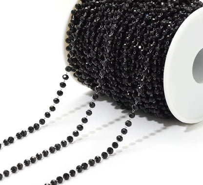 CN 236 Black Glass faceted beaded crystal silver PVD plated Stainless steel chain ( 1 feet ) Anti tarnish