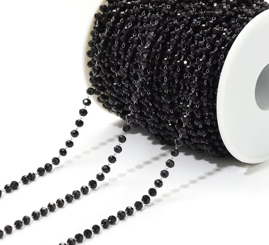 CN 236 Black Glass faceted beaded crystal silver PVD plated Stainless steel chain ( 1 feet ) Anti tarnish