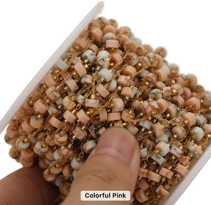 CN 165 Colourful pink cylindrical stone Handmade 18k gold PVD Plated Stainless steel chain ( 1 feet ) Anti tarnish