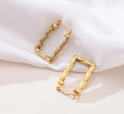 ESJ14E Bamboo Rectangle Hoop Earrings - 18k gold PVD Plated 316 stainless steel - Anti tarnish