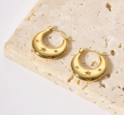 ESJ14F Star Embedded hoop Earrings - 18k Gold PVD plated 316 stainless steel - Anti tarnish