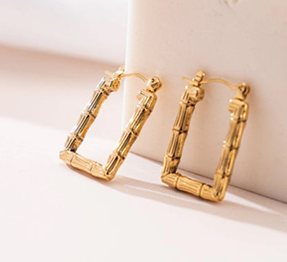 ESJ14E Bamboo Rectangle Hoop Earrings - 18k gold PVD Plated 316 stainless steel - Anti tarnish