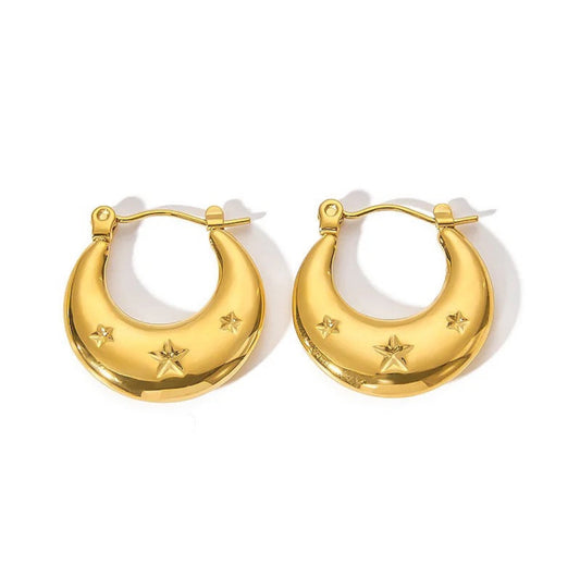 ESJ14F Star Embedded hoop Earrings - 18k Gold PVD plated 316 stainless steel - Anti tarnish