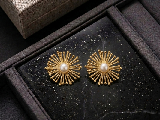 ESJ20D SUNFLOWER & STONE EARRING - 18K GOLD PVD plated 316 stainless steel - Anti tarnish