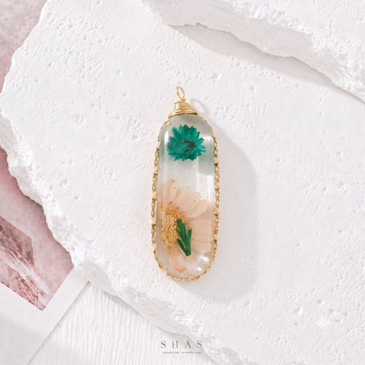 RFC02X Pink Green Long Resin Flower Pendant Charm ( 1 pc )