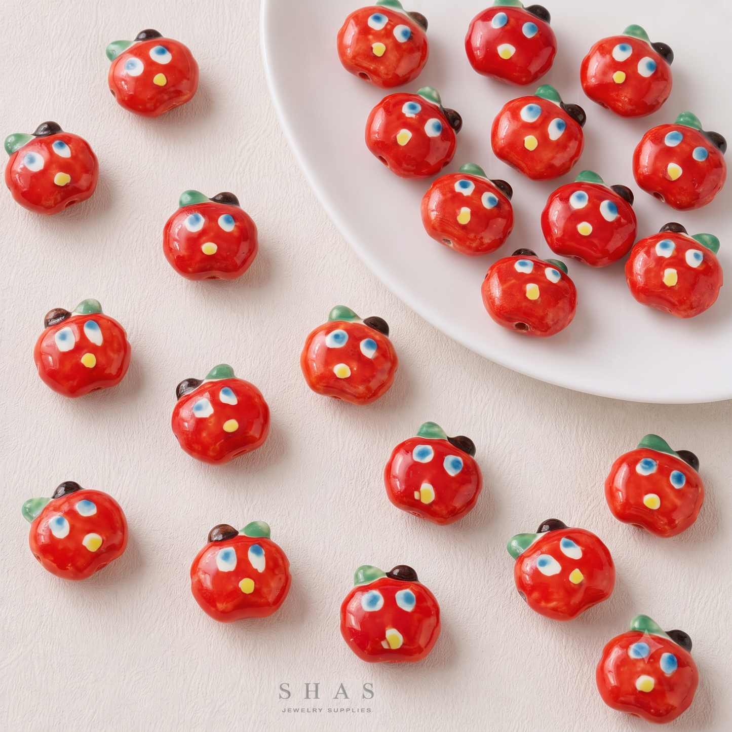 PCB10E Apple Hand-Painted Ceramic Bead ( 1 pc ) Porcelian Ceramic