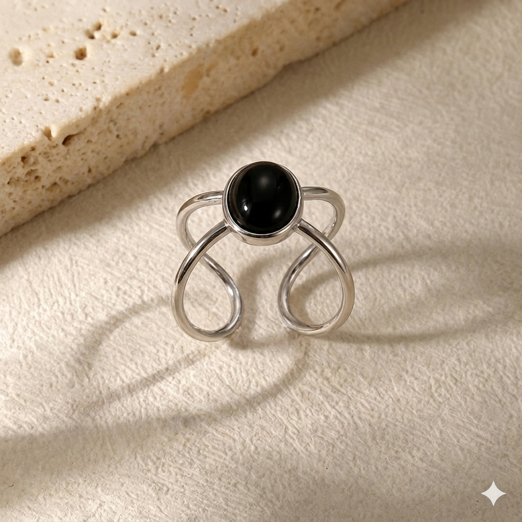 RSJ23D  BLACK STONE Adjustable Ring -  SLIVER PVD plated 316  stainless steel - Anti tarnish