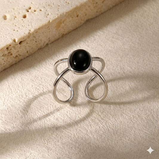 RSJ23D  BLACK STONE Adjustable Ring -  SLIVER PVD plated 316  stainless steel - Anti tarnish