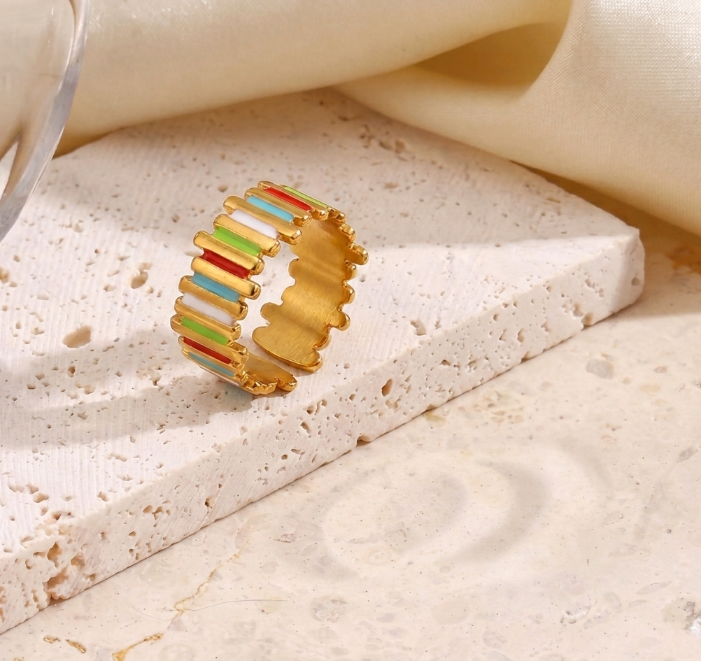 RSJ25C Colourful lines enamal Adjustable Ring - 18K Gold PVD plated 316  stainless steel - Anti tarnish