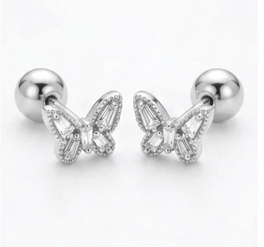 MSJ04B ICY ZIRCON BUTTERFLY stud - SLIVER PVD plated 316 stainless steel - Anti tarnish (1pc)