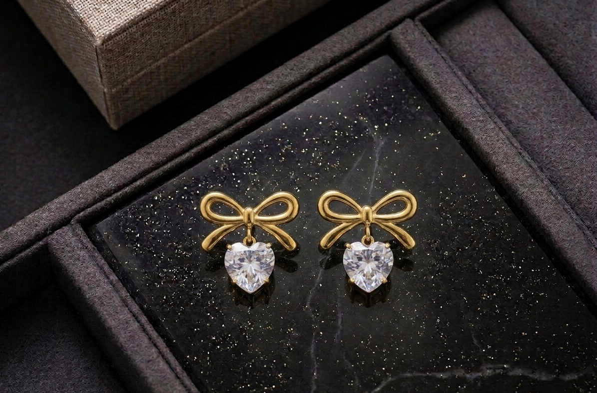 ESJ20F STONE HEART BOW EARRING - 18K GOLD PVD plated 316 stainless steel - Anti tarnish