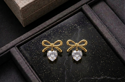 ESJ20F STONE HEART BOW EARRING - 18K GOLD PVD plated 316 stainless steel - Anti tarnish