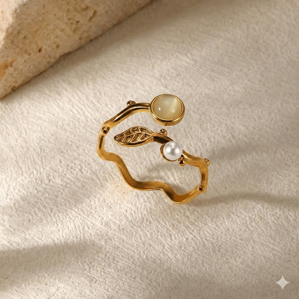 RSJ20A leaf pearl and mlid orange stone Adjustable Ring -  18k Gold PVD plated 316  stainless steel - Anti tarnish