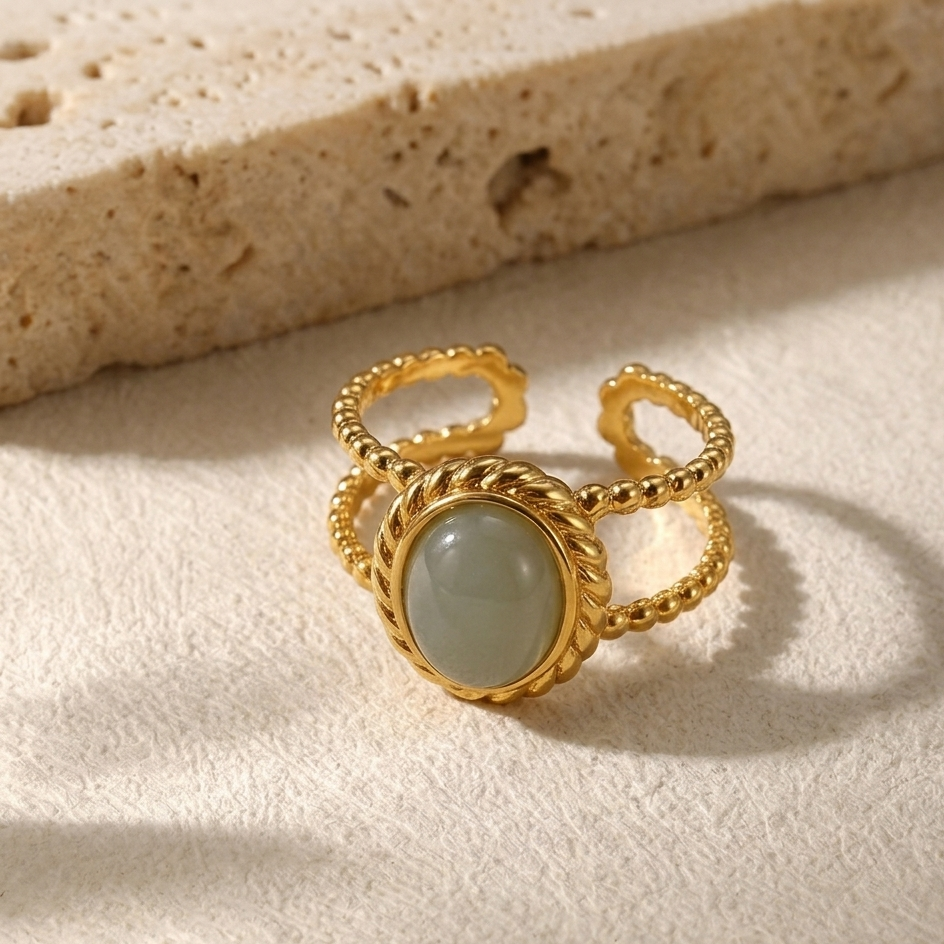 RSJ24E LIGHT GREEN STONE Adjustable Ring - 18K Gold PVD plated 316  stainless steel - Anti tarnish