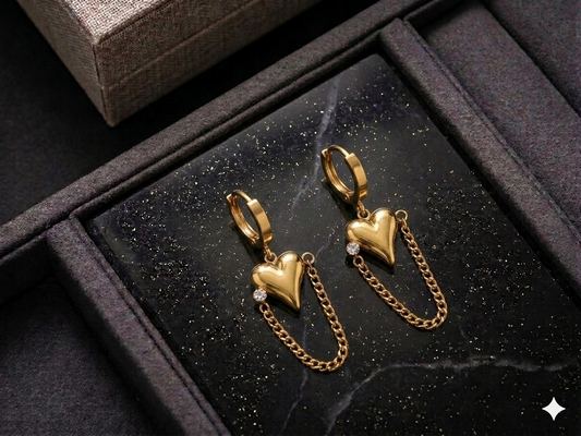 ESJ19G HEART CHAINED ZIRCON EARRING - 18K GOLD PVD plated 316 stainless steel - Anti tarnish