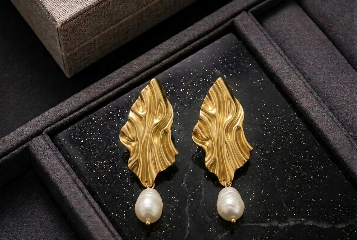 ESJ19E Textured Rhombus pearl EARRING - 18K GOLD PVD plated 316 stainless steel - Anti tarnish