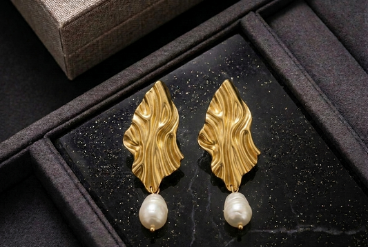 ESJ19E Textured Rhombus pearl EARRING - 18K GOLD PVD plated 316 stainless steel - Anti tarnish