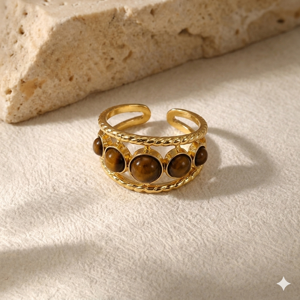RSJ23F BROWN STONE Adjustable Ring - 18K Gold PVD plated 316  stainless steel - Anti tarnish