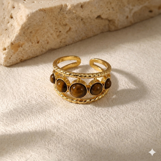 RSJ23F BROWN STONE Adjustable Ring - 18K Gold PVD plated 316  stainless steel - Anti tarnish