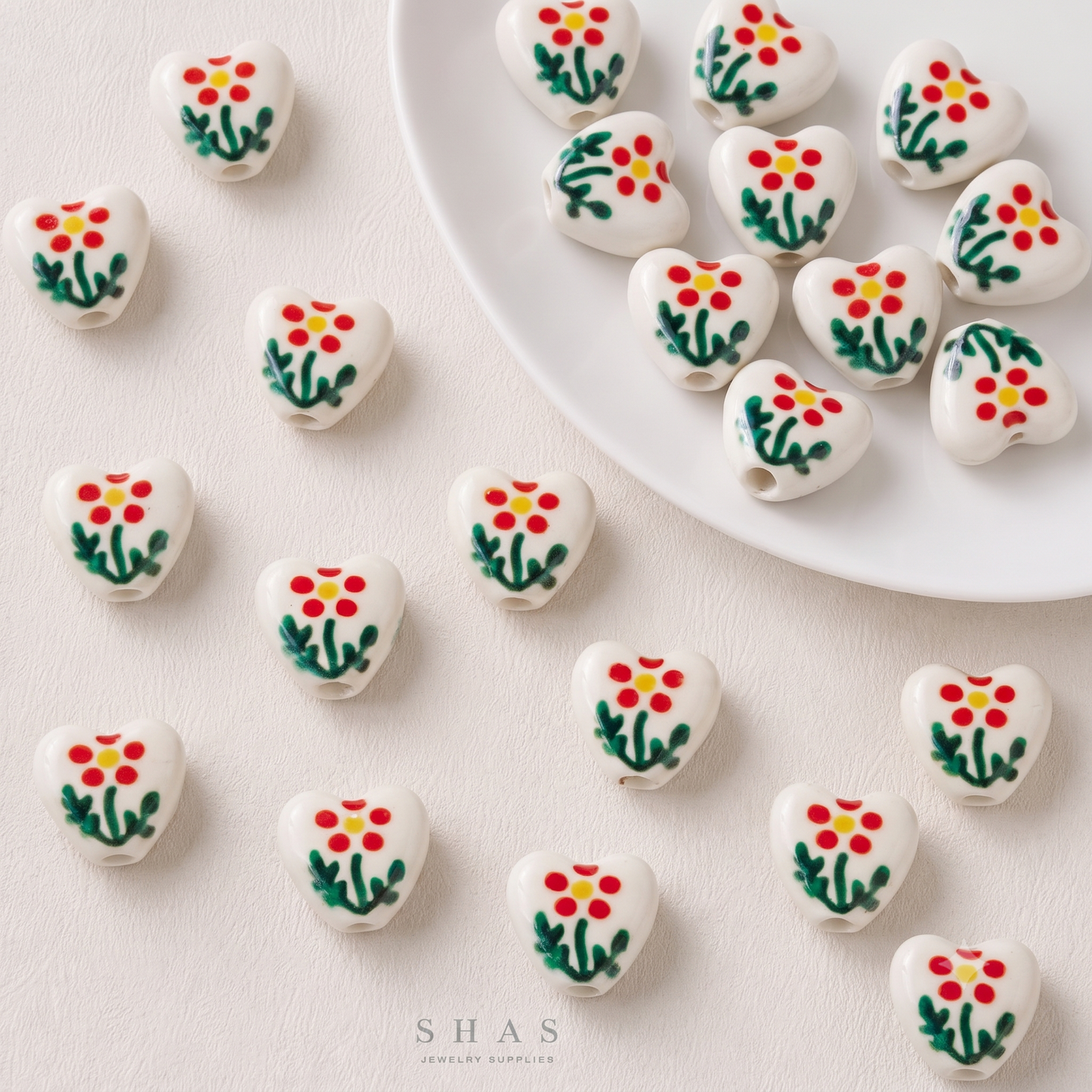 PCB10F Floral Heart Hand-Painted Ceramic Bead ( 1 pc ) Porcelian Ceramic
