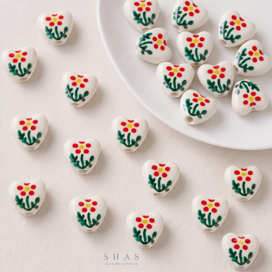 PCB10F Floral Heart Hand-Painted Ceramic Bead ( 1 pc ) Porcelian Ceramic